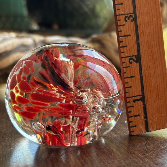 Vintage Blown Glass Paperweight With Controlled Bubbles Red Orange Swirl - Picture 9 of 9